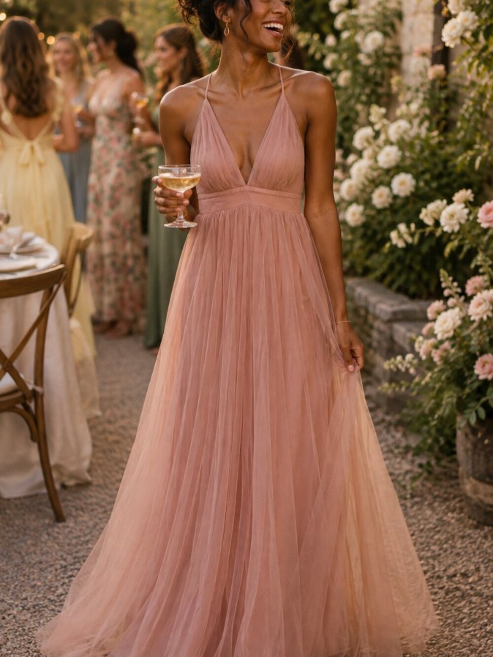 Luxxel Blush Tulle Maxi Dress NWT Large Deep V Bridesmaid Formal Gown